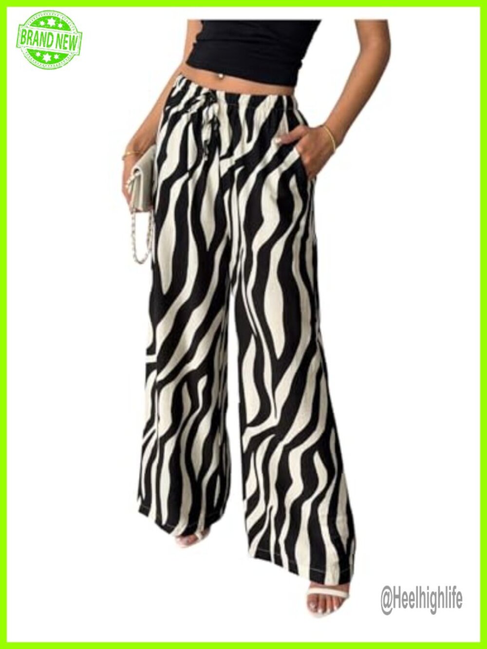 Zebra Print Wide Leg Linen Pants Boho Low Rise Trousers